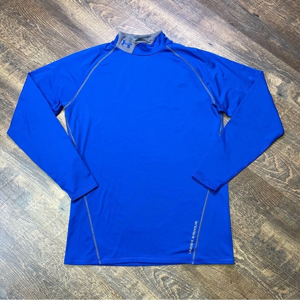 Under Armour Fitted Mock Neck Training Shirt Men's Large Blue Gray Coldgear